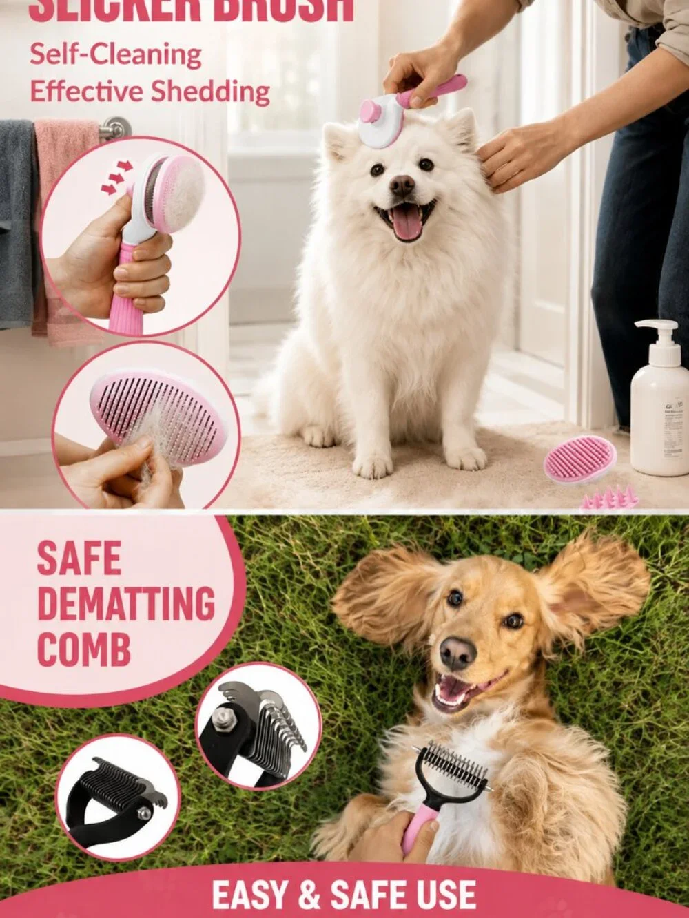 Dog Grooming Kit - Deshedding Brush for Short Hair, 5 In 1, A-Pink 5 Kits